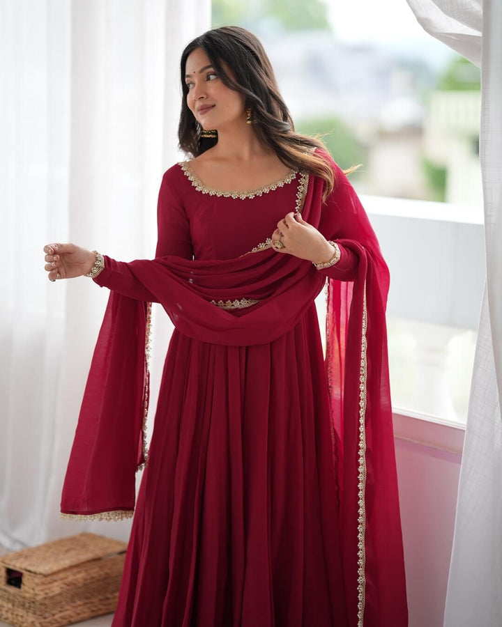 Maroon Pure Mal Chanderi Flared Anarkali Suit with Dupatta & Pant for Women