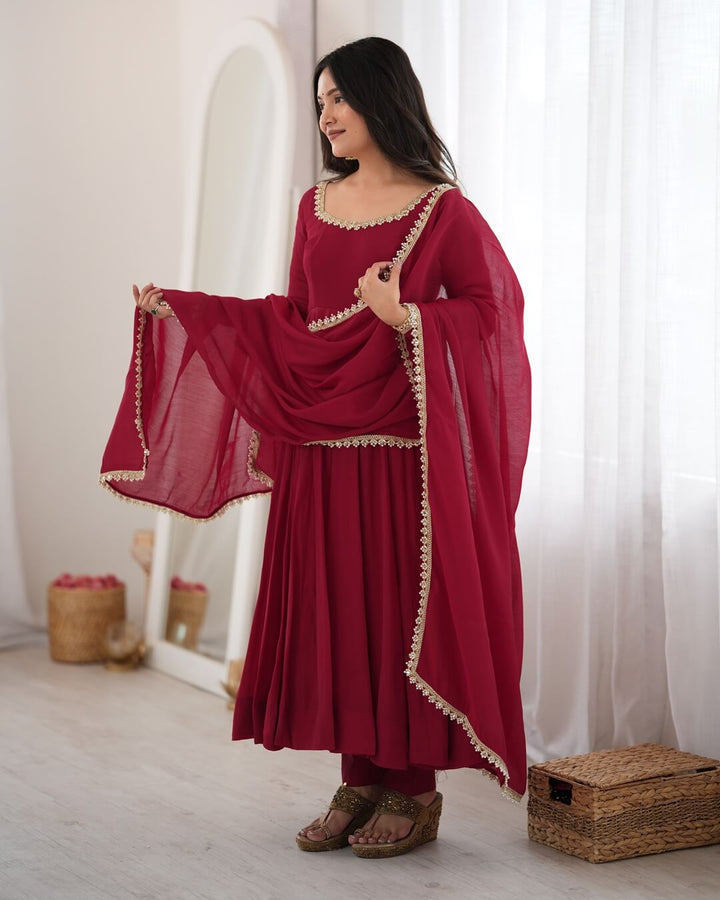 Maroon Pure Mal Chanderi Flared Anarkali Suit with Dupatta & Pant for Women
