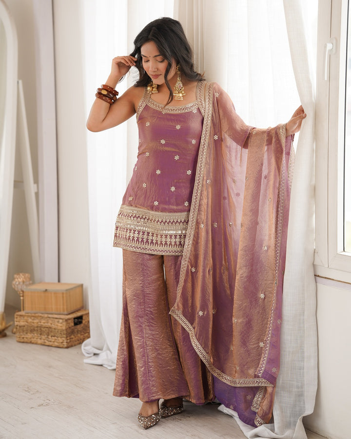 Dusty Pink Fendi Silk Embroidered Plazzo Suit with Dupatta | Designer Festive Wear for Women