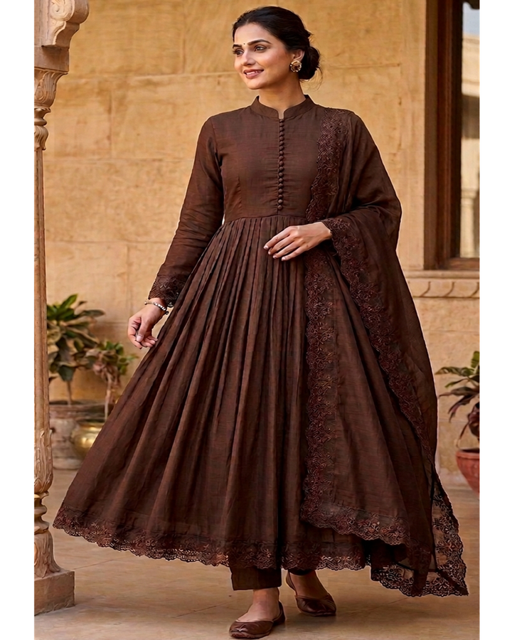 Brown Roman Silk Embroidered Anarkali Gown Set with Dupatta | Designer Wedding & Festive Wear