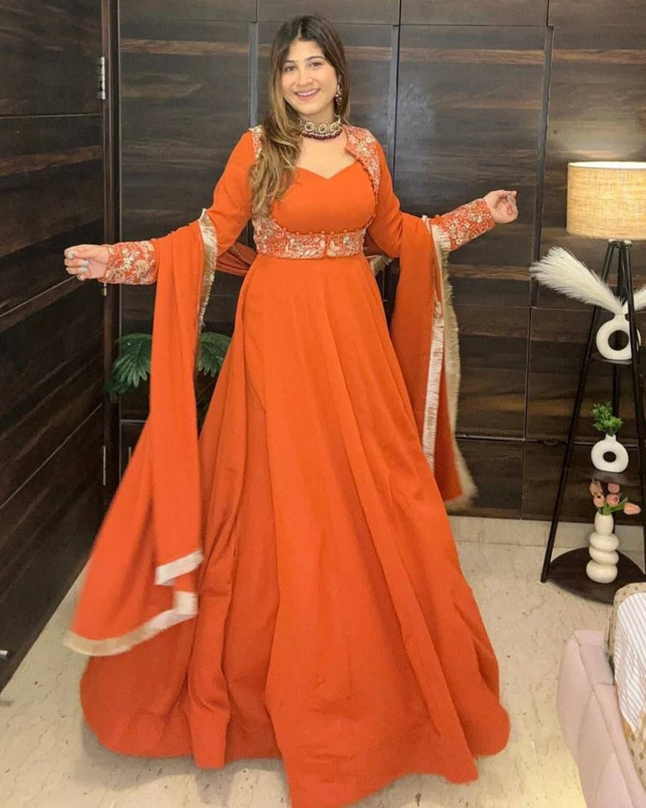 Orange Georgette Premium Quality Heavy Traditional Koti Anarkali Suit Set