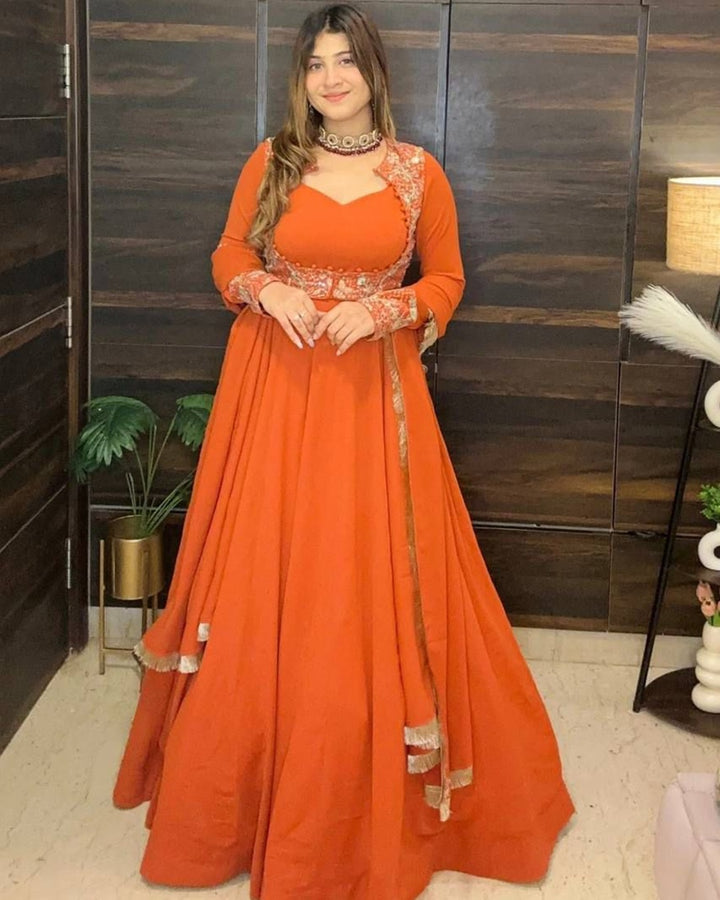 Orange Georgette Premium Quality Heavy Traditional Koti Anarkali Suit Set