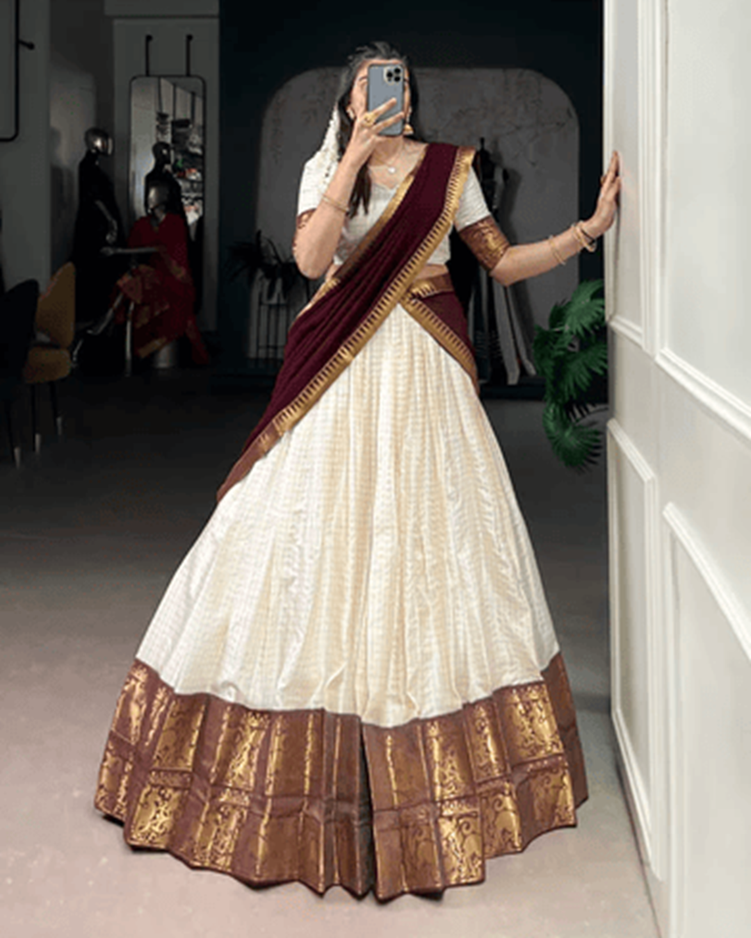 White & Maroon Poly Cotton Chex Onam Half Saree | Traditional Festive Wear