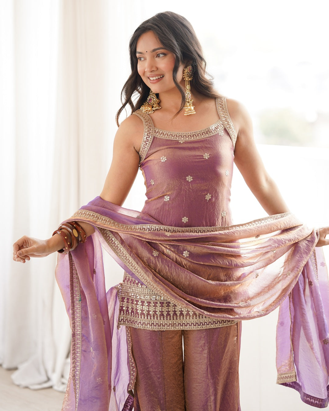 Dusty Pink Fendi Silk Embroidered Plazzo Suit with Dupatta | Designer Festive Wear for Women