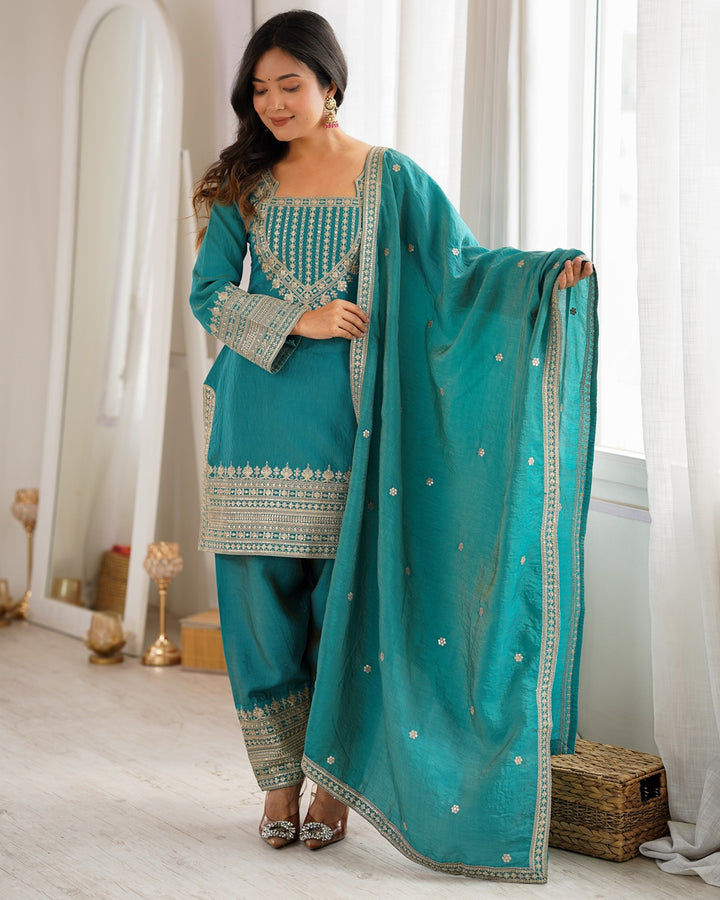 Sea Green Vichitra Silk Farshi Salwar Suit with Dupatta | Elegant Designer Festive Wear for Women