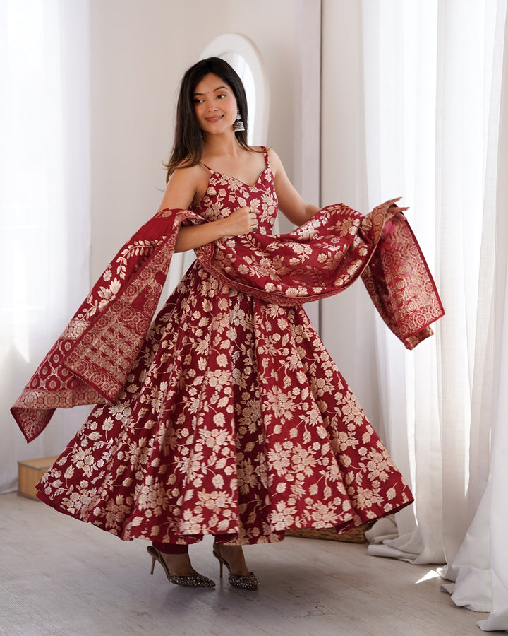 Maroon Banarasi Jacquard Silk Anarkali Suit