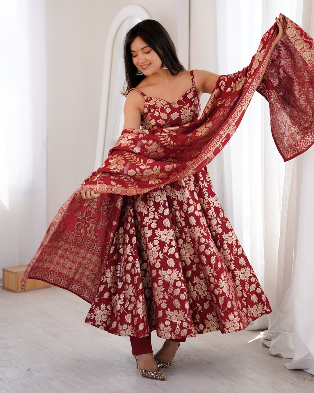 Maroon Banarasi Jacquard Silk Anarkali Suit