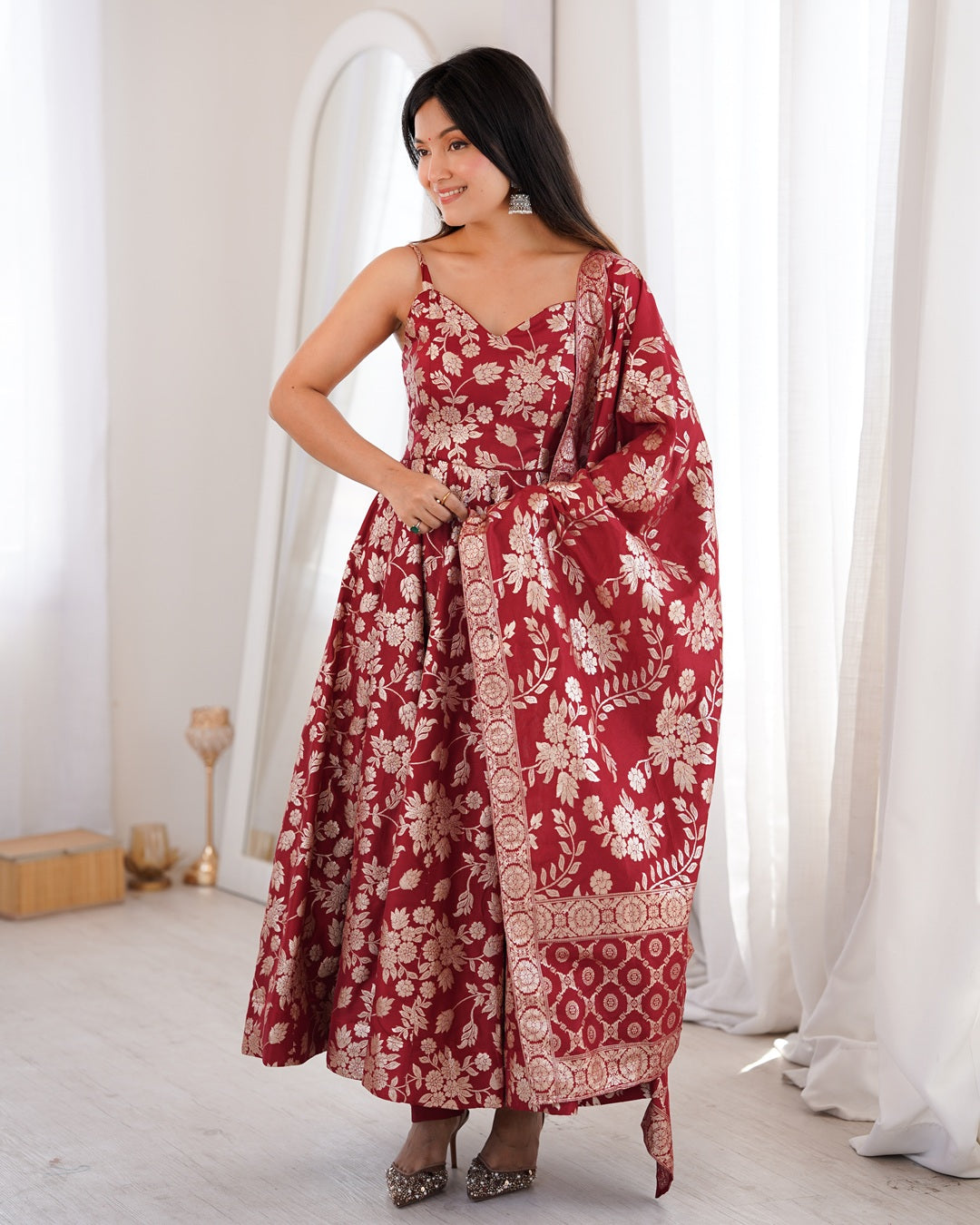 Maroon Banarasi Jacquard Silk Anarkali Suit
