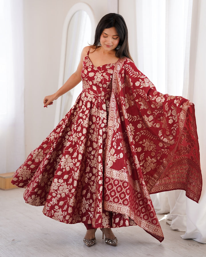 Maroon Banarasi Jacquard Silk Anarkali Suit
