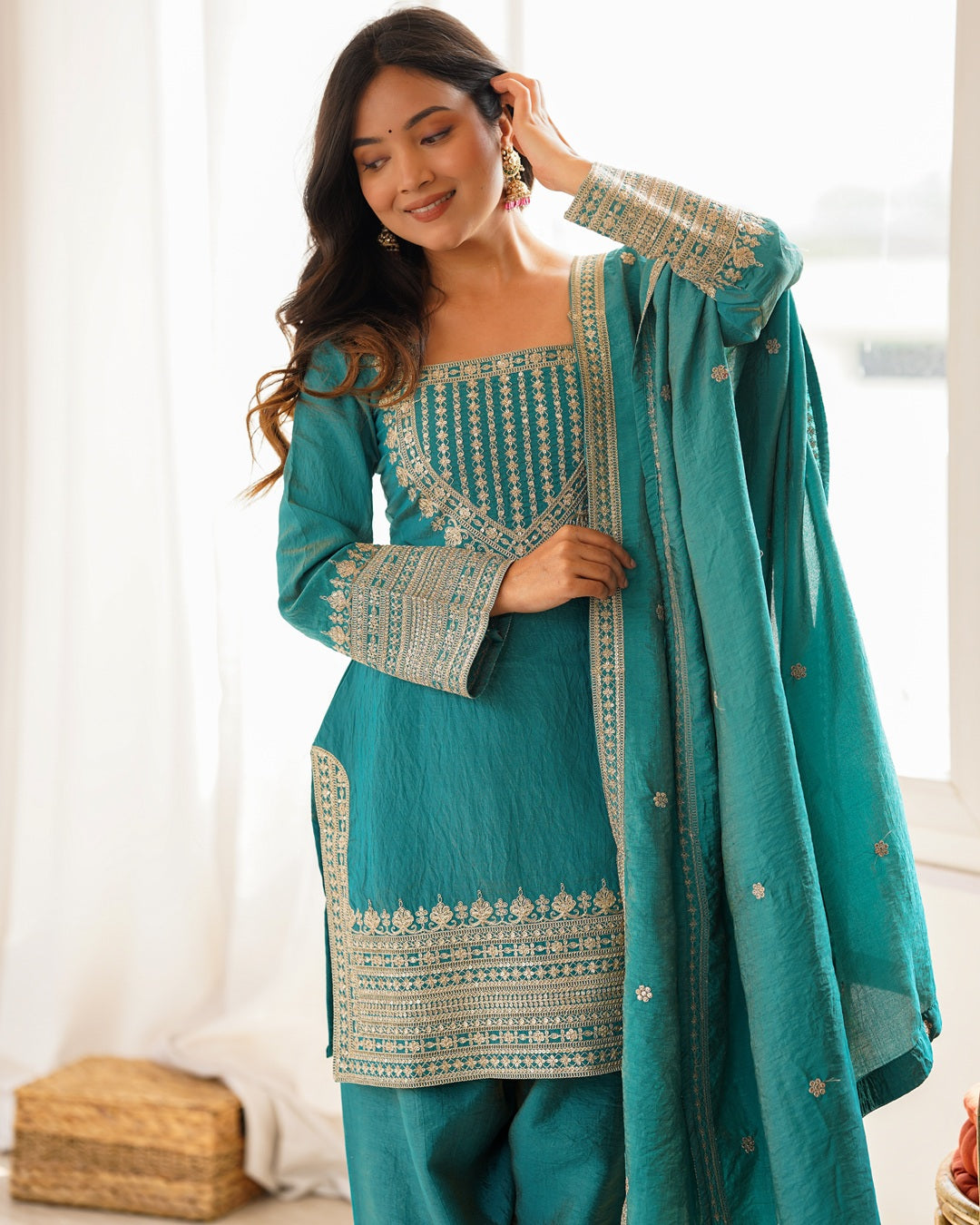 Sea Green Vichitra Silk Farshi Salwar Suit with Dupatta | Elegant Designer Festive Wear for Women