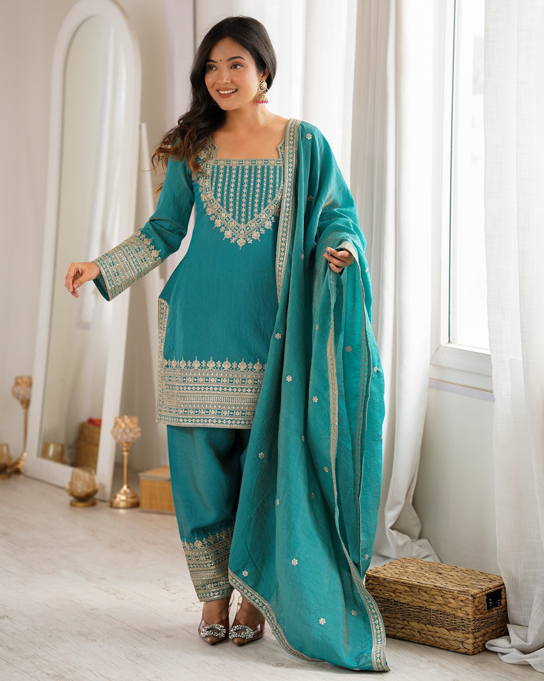 Sea Green Vichitra Silk Farshi Salwar Suit with Dupatta | Elegant Designer Festive Wear for Women