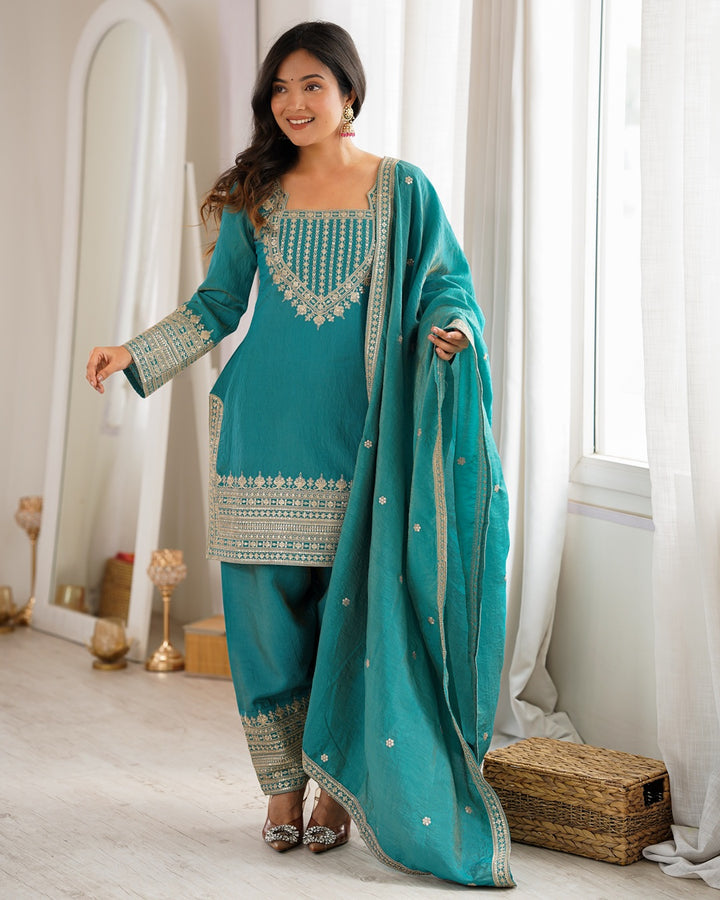 Sea Green Vichitra Silk Farshi Salwar Suit with Dupatta | Elegant Designer Festive Wear for Women