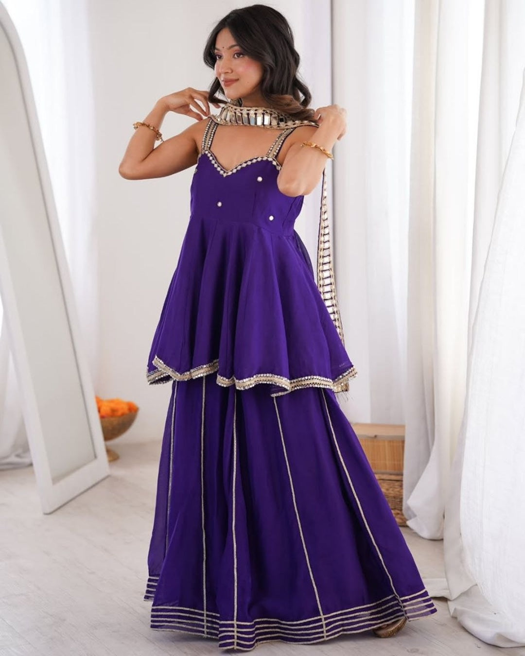 Purple Chinon Mirror Work Palazzo Set with Stylish Belt & Gota Patti Work for Women Party Wear