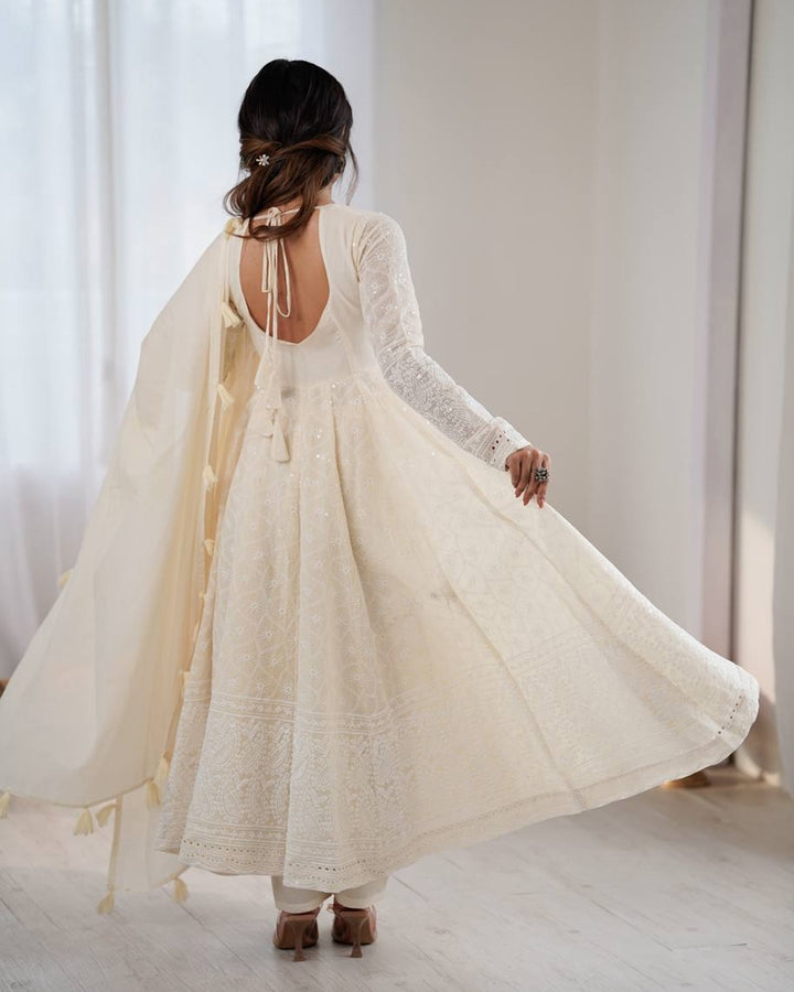 Off White Kora Cotton Anarkali with Handcrafted Lakhnawi Embroidery