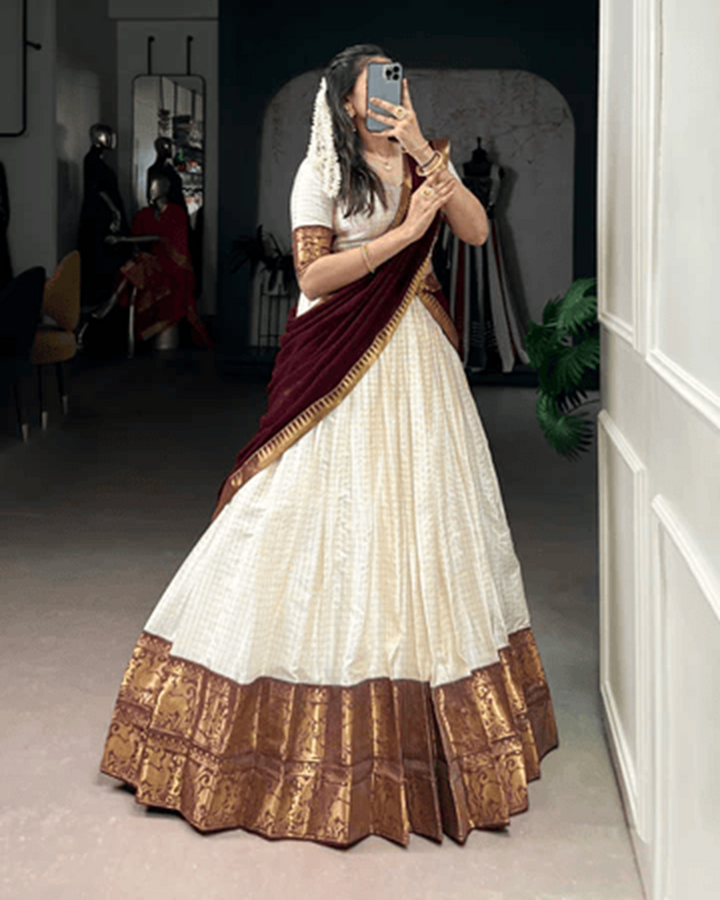 White & Maroon Poly Cotton Chex Onam Half Saree | Traditional Festive Wear