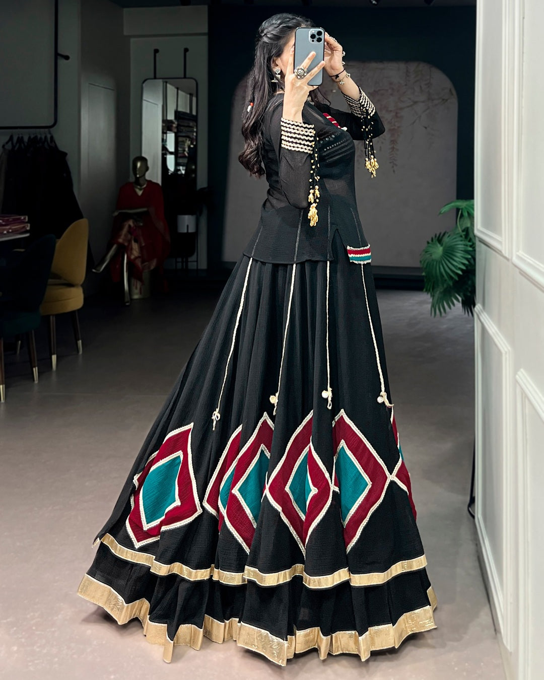 Black Pure Marble Navratri Lehenga Choli | Traditional Garba & Dandiya Wear for Women