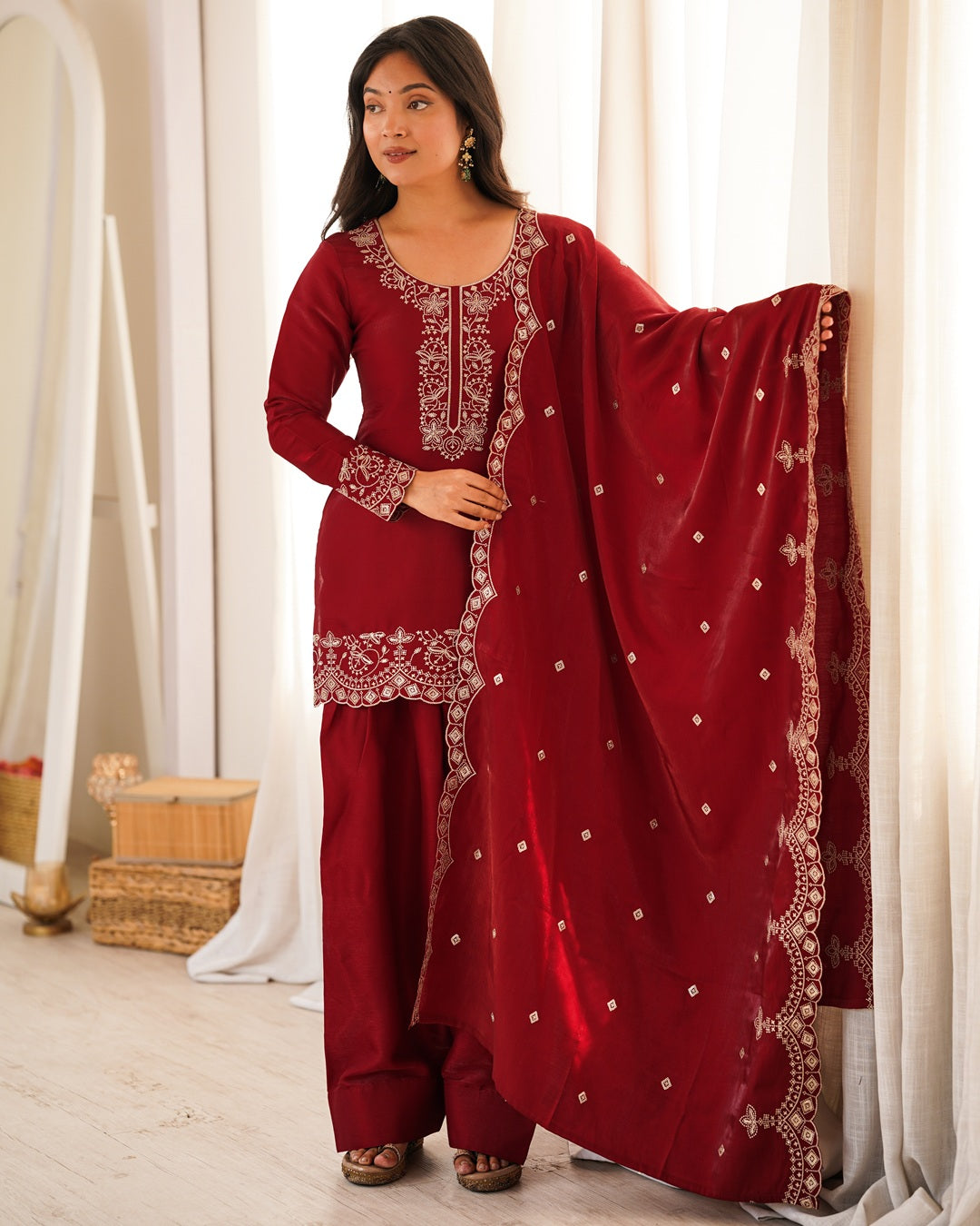 Reddish Maroon Roman Silk Farshi Salwar Suit with Dupatta | Designer Festive & Wedding Wear for Women