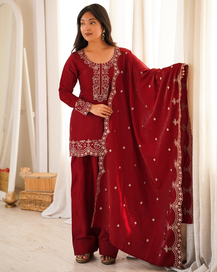 Reddish Maroon Roman Silk Farshi Salwar Suit with Dupatta | Designer Festive & Wedding Wear for Women