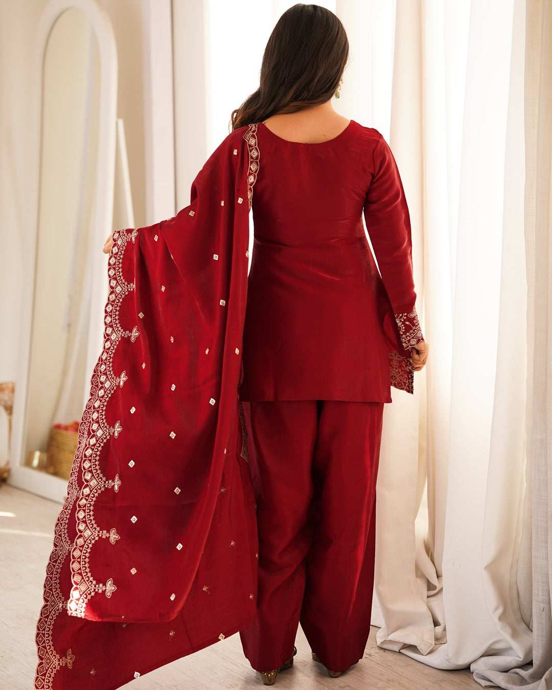 Reddish Maroon Roman Silk Farshi Salwar Suit with Dupatta | Designer Festive & Wedding Wear for Women