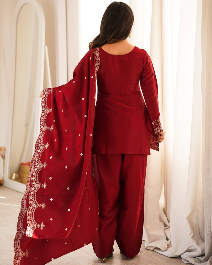 Reddish Maroon Roman Silk Farshi Salwar Suit with Dupatta | Designer Festive & Wedding Wear for Women