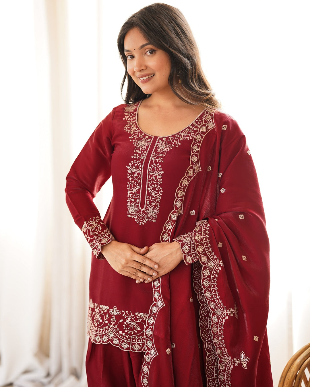 Reddish Maroon Roman Silk Farshi Salwar Suit with Dupatta | Designer Festive & Wedding Wear for Women