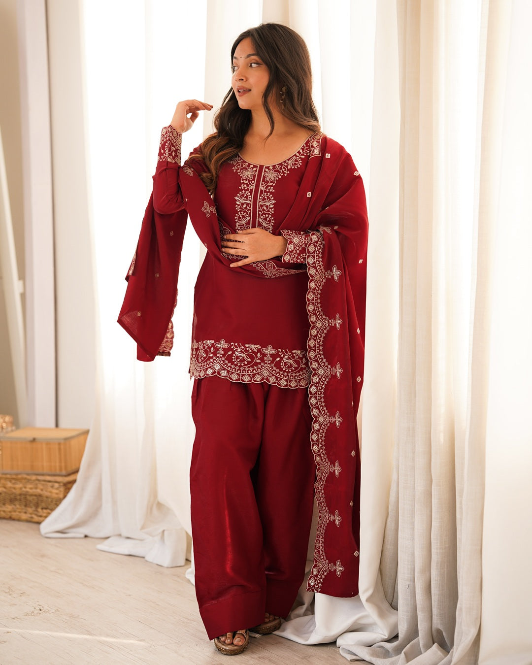 Reddish Maroon Roman Silk Farshi Salwar Suit with Dupatta | Designer Festive & Wedding Wear for Women