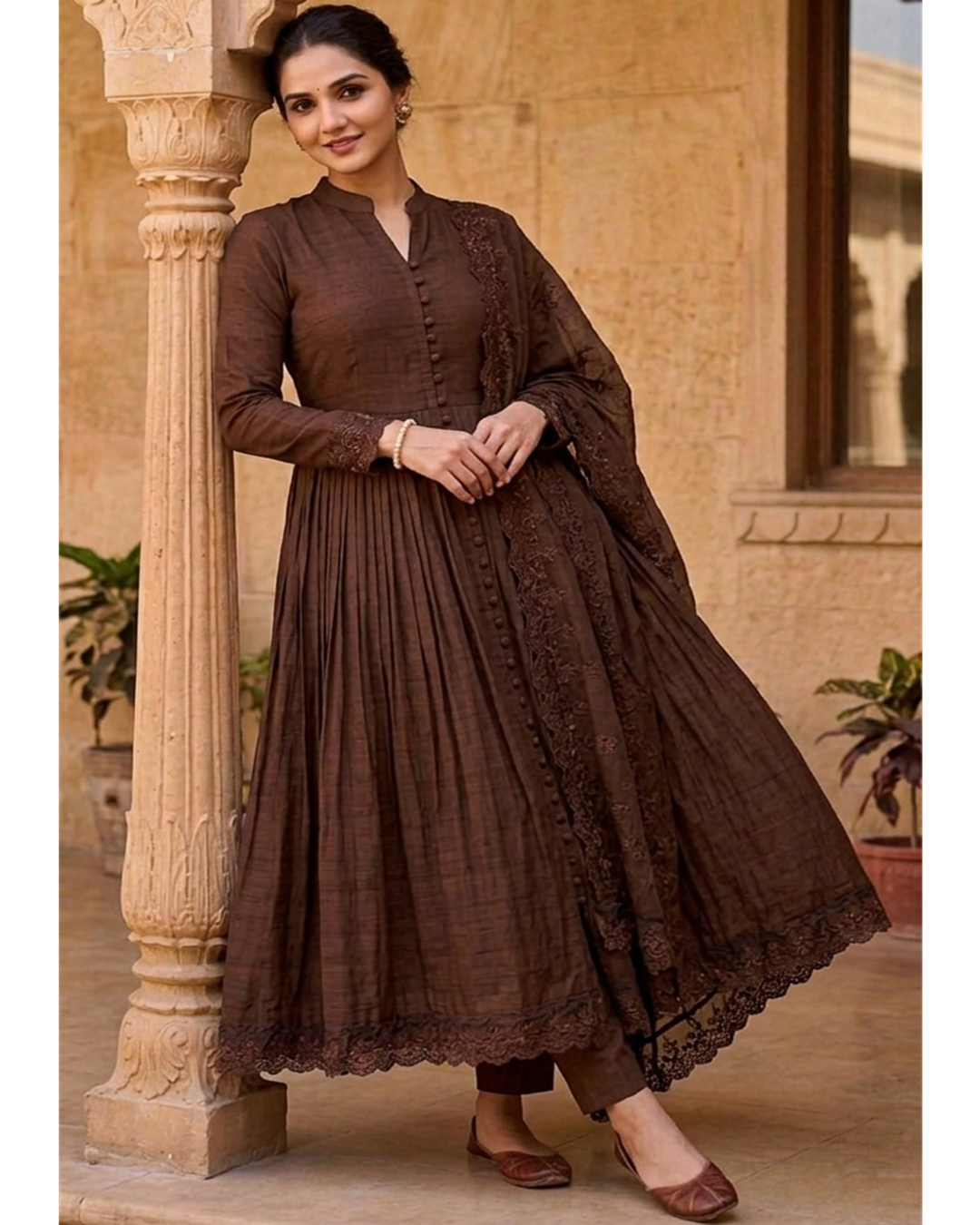 Brown Roman Silk Embroidered Anarkali Gown Set with Dupatta | Designer Wedding & Festive Wear