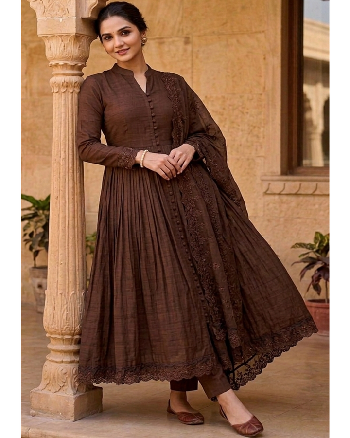 Brown Roman Silk Embroidered Anarkali Gown Set with Dupatta | Designer Wedding & Festive Wear