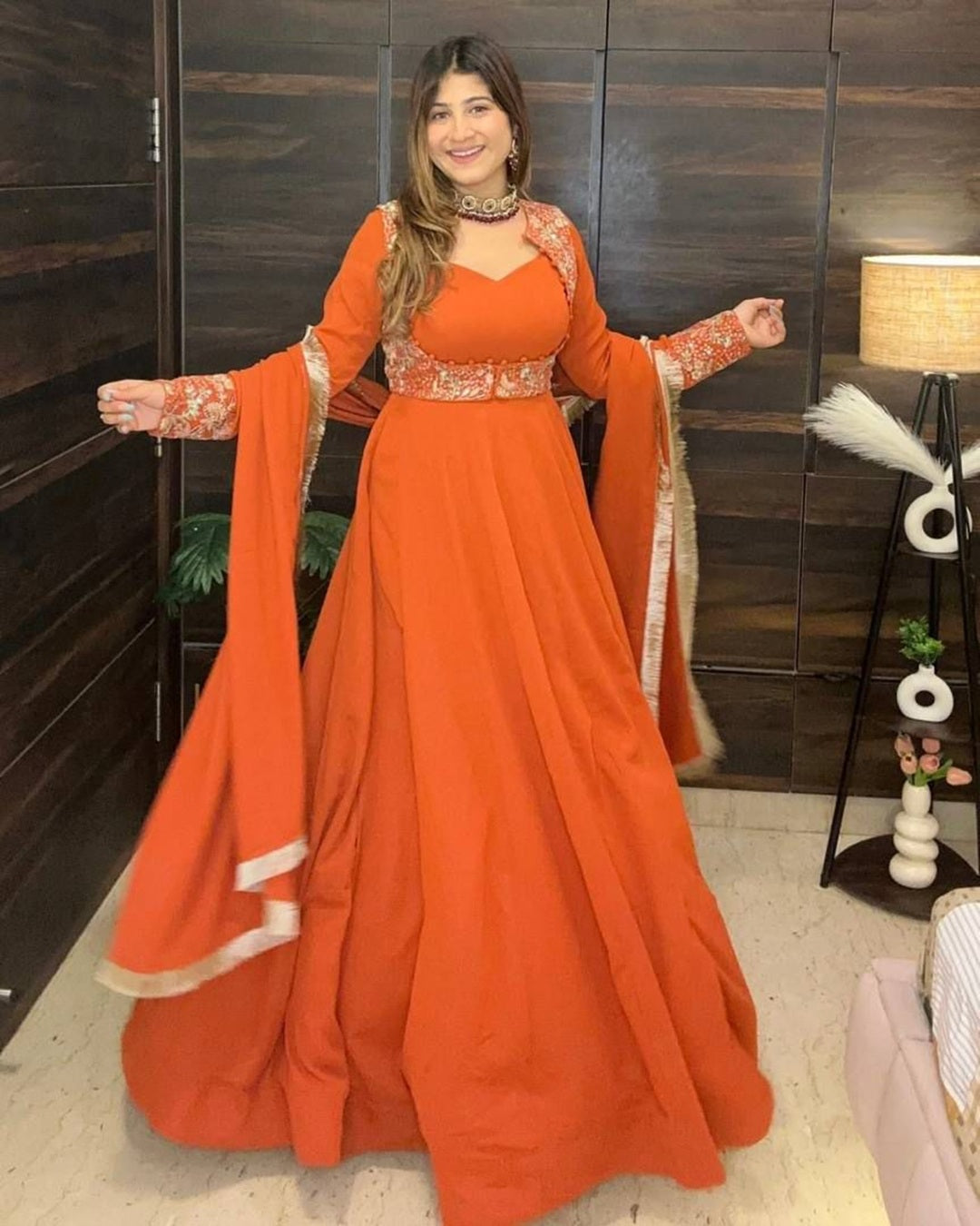 Orange Georgette Premium Quality Heavy Traditional Koti Anarkali Suit Set