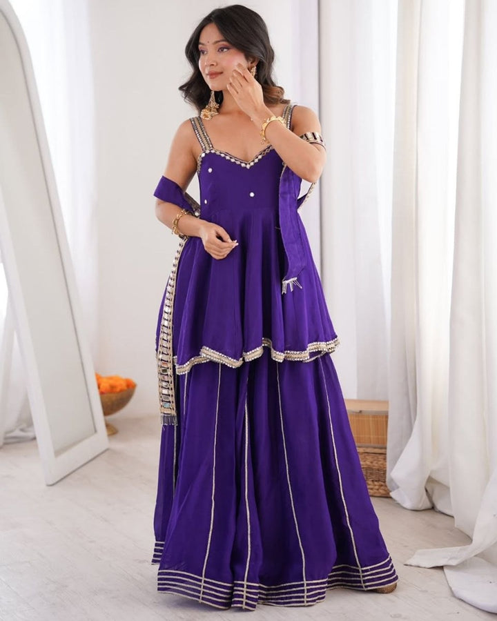 Purple Chinon Mirror Work Palazzo Set with Stylish Belt & Gota Patti Work for Women Party Wear