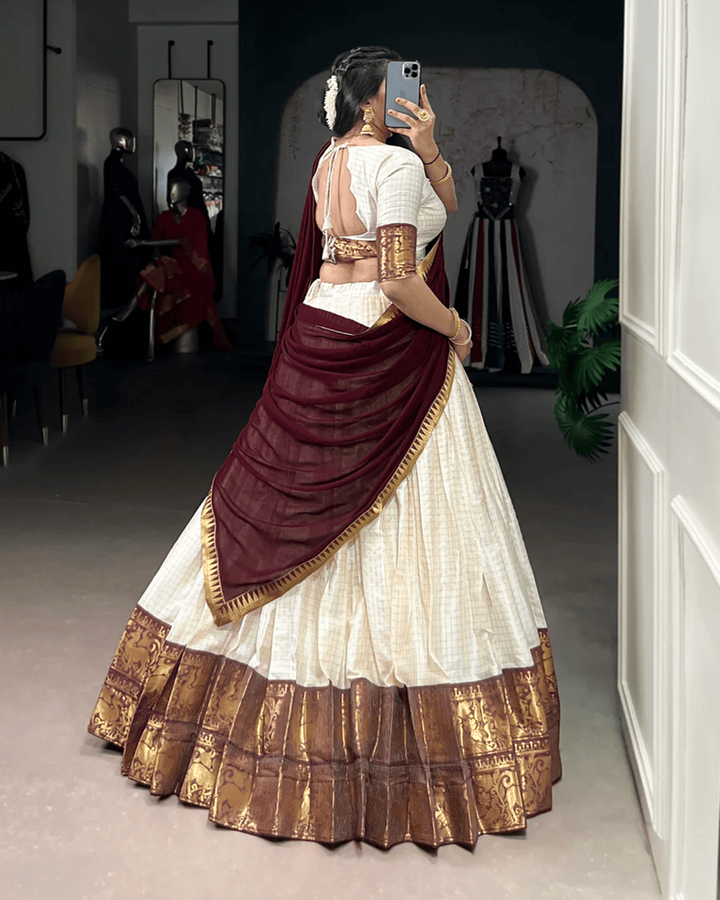 White & Maroon Poly Cotton Chex Onam Half Saree | Traditional Festive Wear