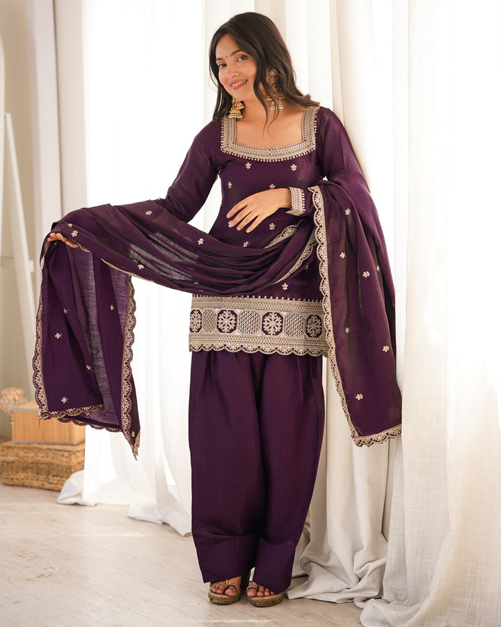 Wine Color Roman Silk Embroidered Farshi Salwar Suit with Dupatta | Designer Wedding & Festive Wear for Women