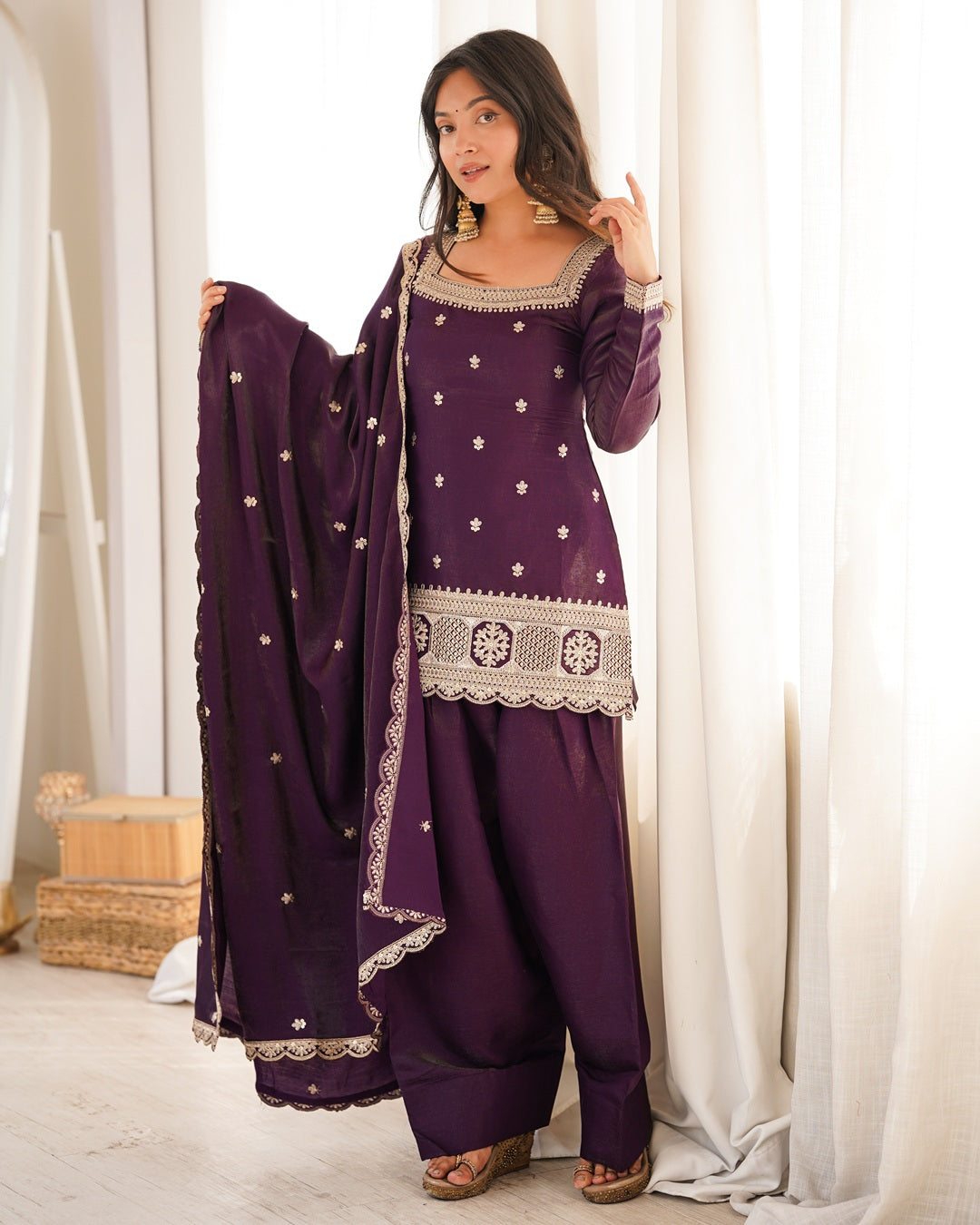Wine Color Roman Silk Embroidered Farshi Salwar Suit with Dupatta | Designer Wedding & Festive Wear for Women