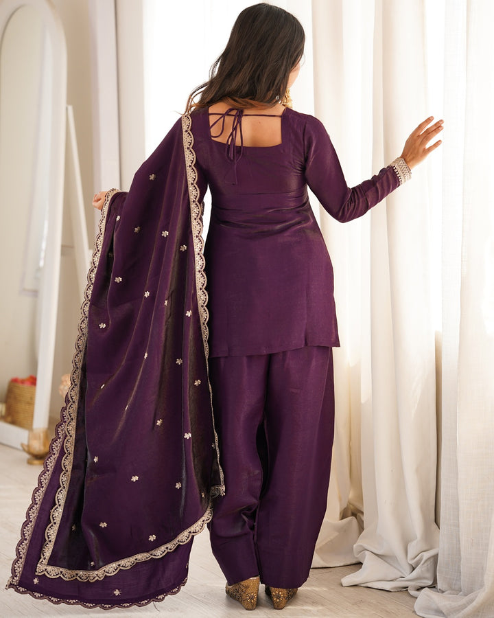 Wine Color Roman Silk Embroidered Farshi Salwar Suit with Dupatta | Designer Wedding & Festive Wear for Women