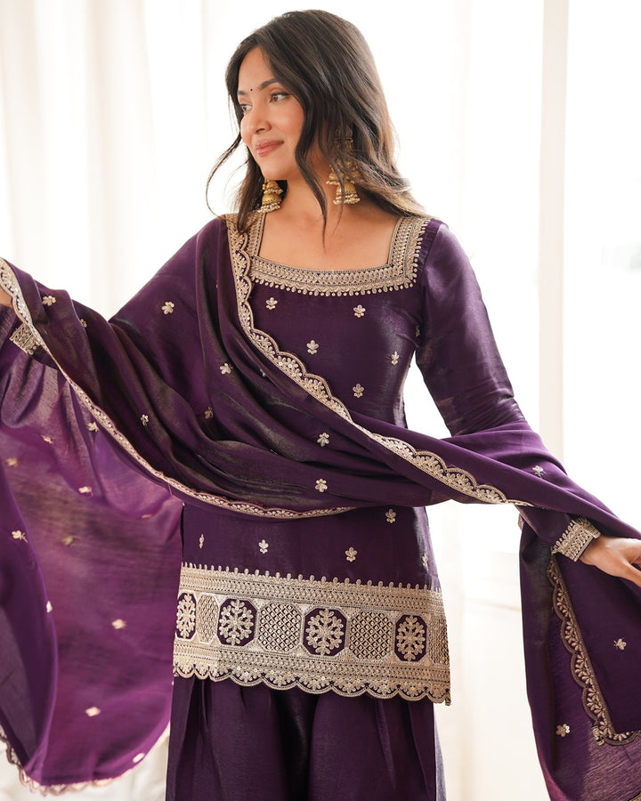 Wine Color Roman Silk Embroidered Farshi Salwar Suit with Dupatta | Designer Wedding & Festive Wear for Women