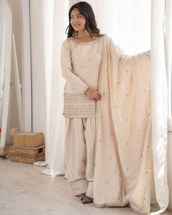 Off-White Roman Silk Embroidered Farshi Salwar Suit with Dupatta | Elegant Festive & Wedding Wear for Women