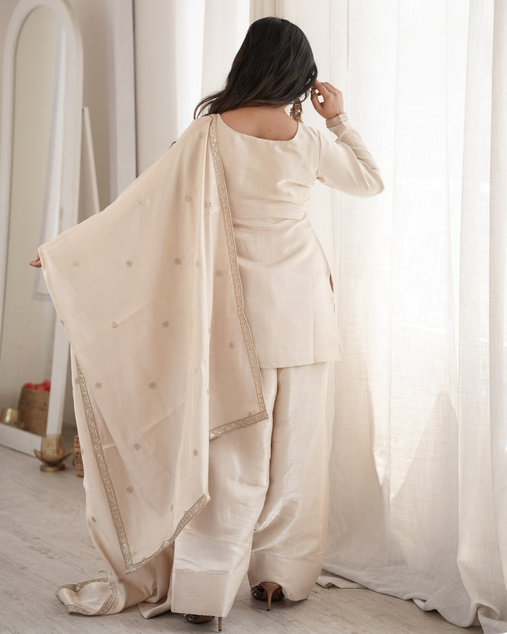 Off-White Roman Silk Embroidered Farshi Salwar Suit with Dupatta | Elegant Festive & Wedding Wear for Women