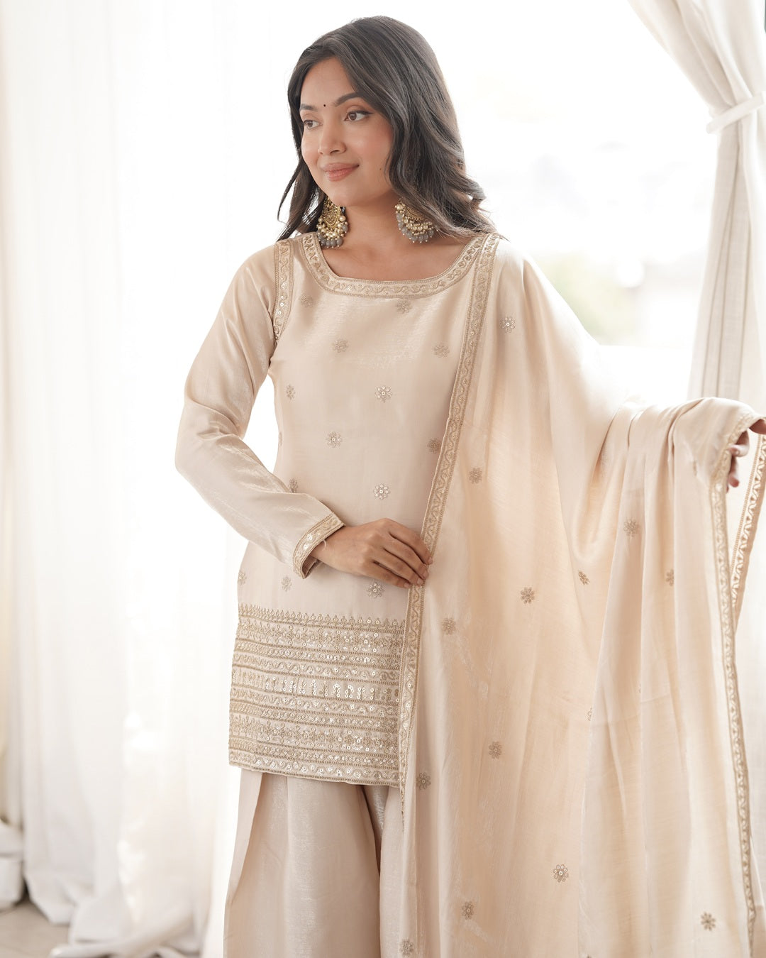 Off-White Roman Silk Embroidered Farshi Salwar Suit with Dupatta | Elegant Festive & Wedding Wear for Women