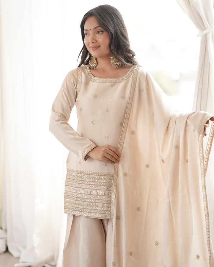 Off-White Roman Silk Embroidered Farshi Salwar Suit with Dupatta | Elegant Festive & Wedding Wear for Women