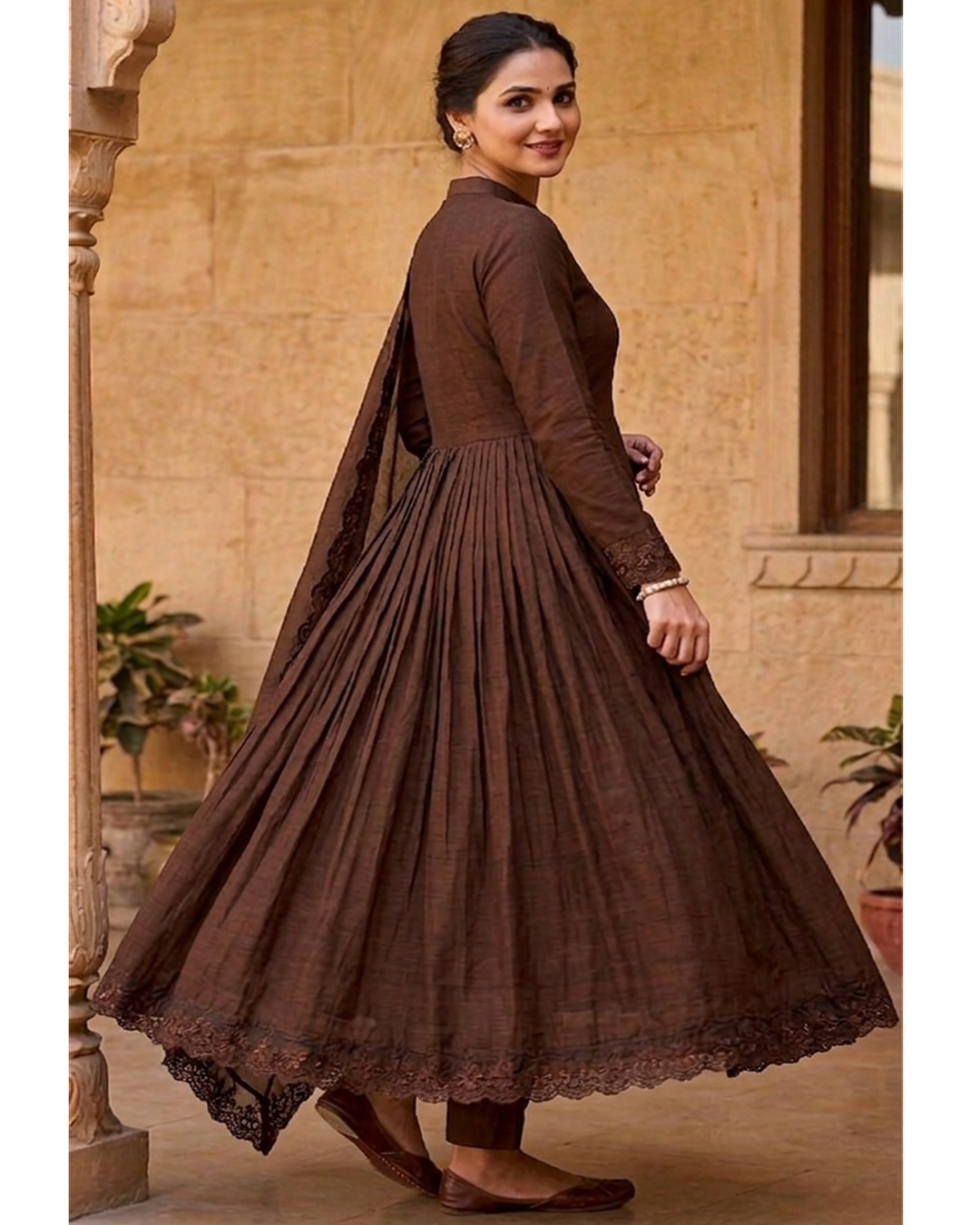 Brown Roman Silk Embroidered Anarkali Gown Set with Dupatta | Designer Wedding & Festive Wear