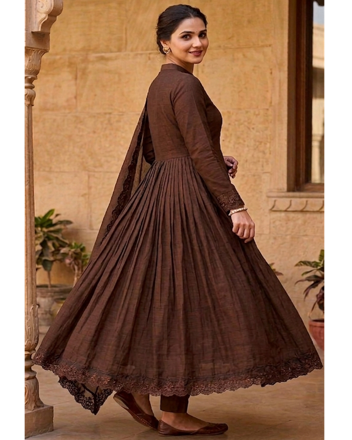 Brown Roman Silk Embroidered Anarkali Gown Set with Dupatta | Designer Wedding & Festive Wear