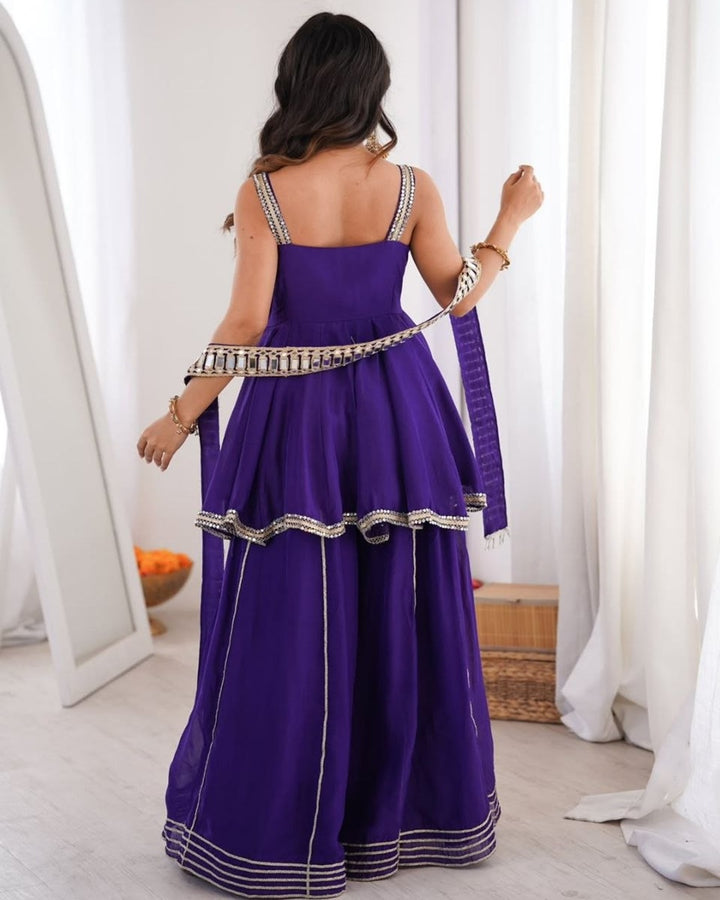 Purple Chinon Mirror Work Palazzo Set with Stylish Belt & Gota Patti Work for Women Party Wear