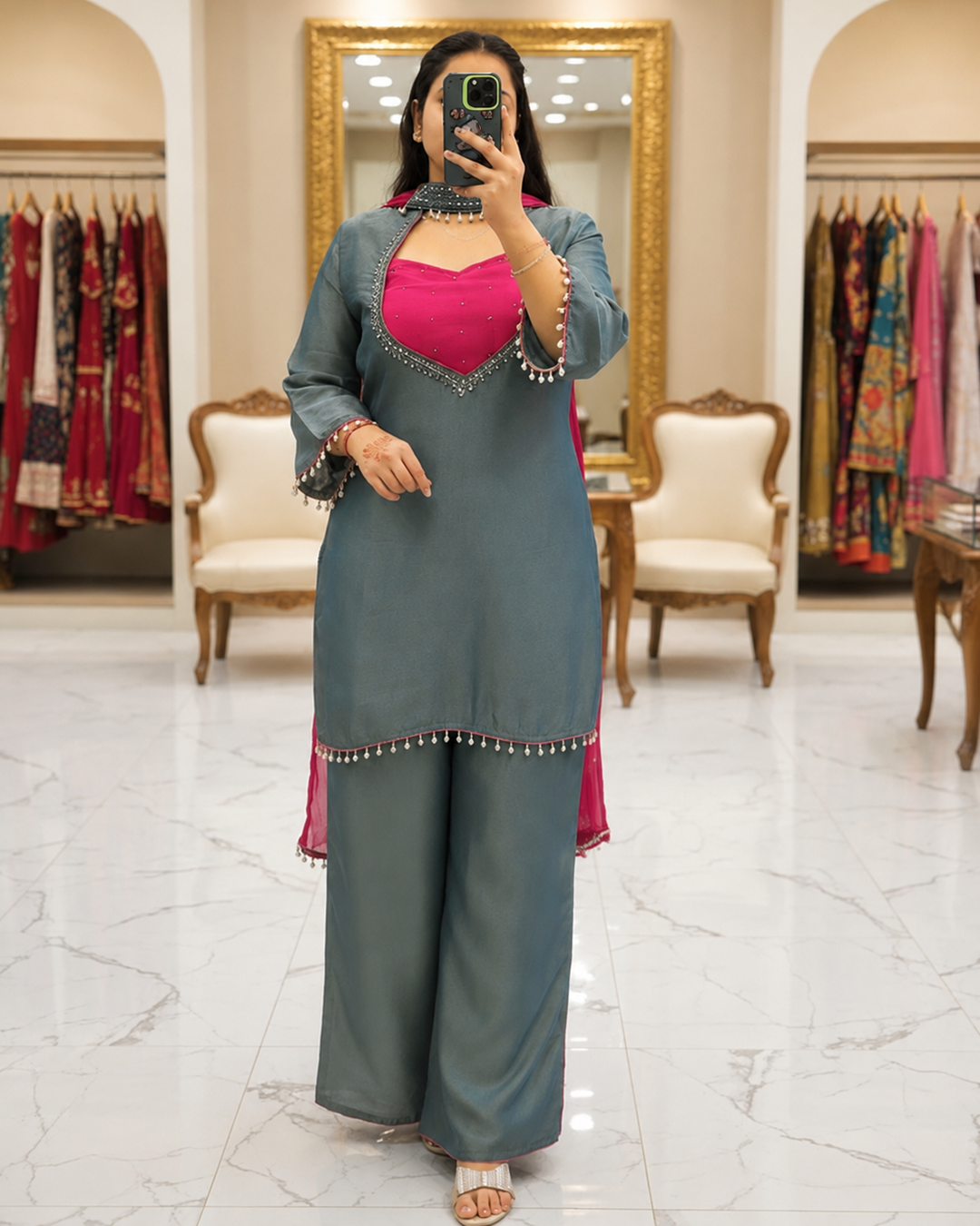 Premium Teal Blue Roman Glass Silk Kurti Palazzo Set for Women | Festive, Party & Office Wear