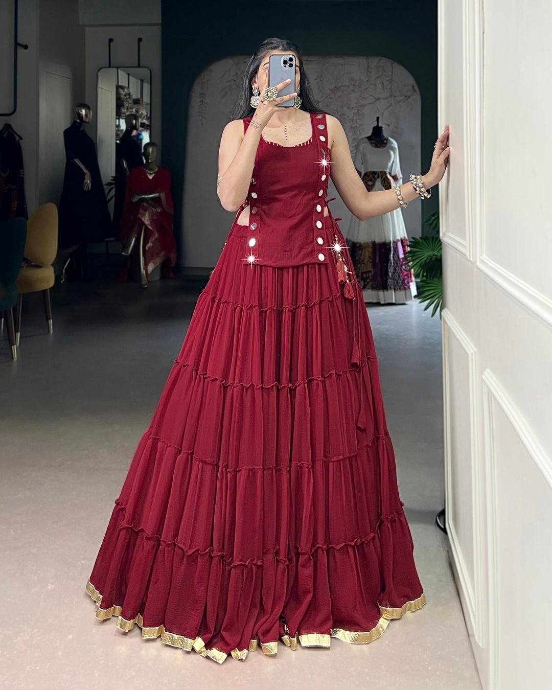Traditional Maroon Pure Marble Navratri Lehenga Choli | Designer Garba & Dandiya Wear for Women