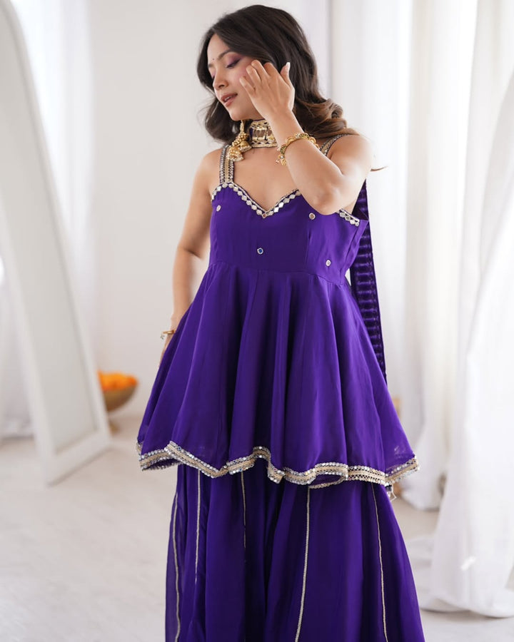 Purple Chinon Mirror Work Palazzo Set with Stylish Belt & Gota Patti Work for Women Party Wear