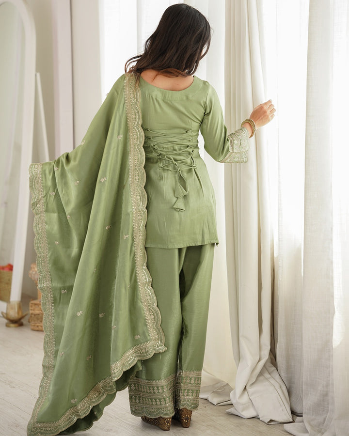 Pista Green Roman Silk Embroidered Farshi Salwar Suit with Dupatta | Designer Festive & Wedding Wear for Women