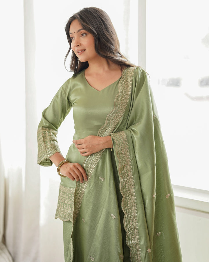 Pista Green Roman Silk Embroidered Farshi Salwar Suit with Dupatta | Designer Festive & Wedding Wear for Women