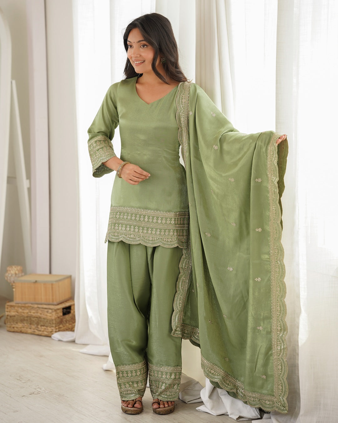 Pista Green Roman Silk Embroidered Farshi Salwar Suit with Dupatta | Designer Festive & Wedding Wear for Women