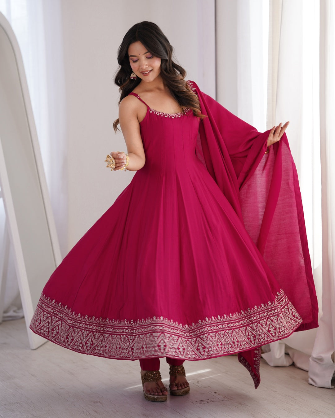 Rani Pink Roman Silk Chanderi Silk Three Piece Anarkali Suit with Dupatta | Designer Festive & Wedding Wear