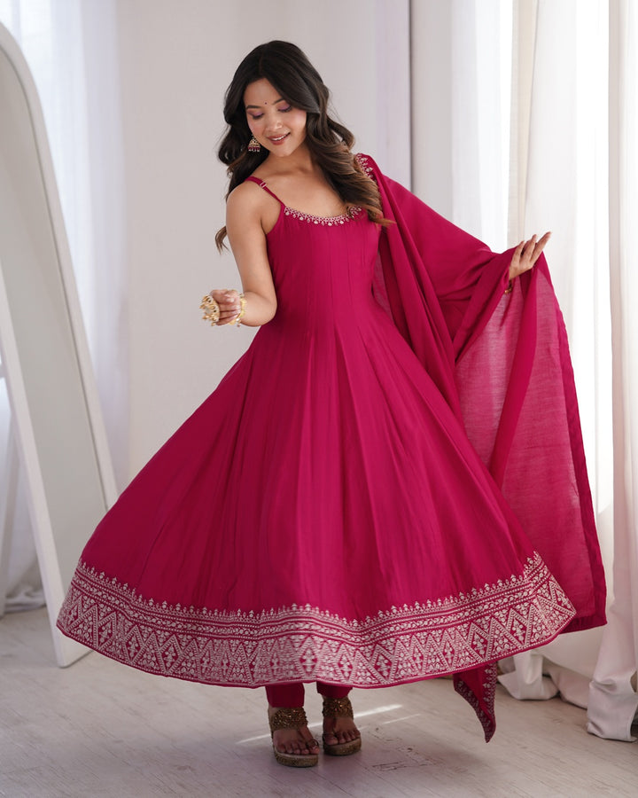 Rani Pink Roman Silk Chanderi Silk Three Piece Anarkali Suit with Dupatta | Designer Festive & Wedding Wear